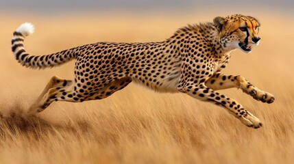 A cheetah running through tall, dry grass. The cheetah's spotted coat and powerful muscles are clearly visible. The background is a blurred expanse of golden brown grass.