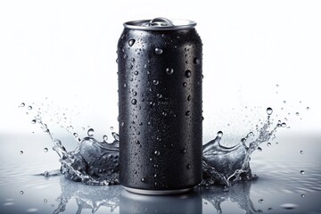 Refreshing Black Soda Can with Water Droplets on White Background - Stock Photo