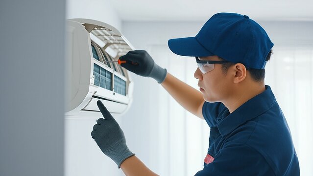 Technician in uniform services split system air conditioner with screwdriver for home maintenance.