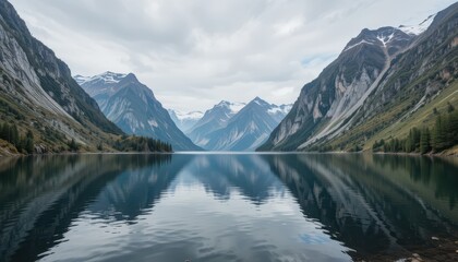 Serene Mountain Landscape with Reflective Lake and Cloudy Sky