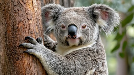 Fototapeta premium Close up of a gray koala clinging to a tree trunk. The koala's fur is textured, and its expression is calm. The background is blurred, suggesting a natural setting.