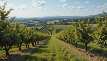 Fototapeta premium Scenic View of Orchard Rows with Greenery and Blue Sky