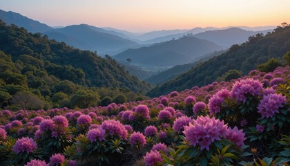 Obraz premium Vibrant Mountain Landscape with Blossoming Pink Flowers at Dawn