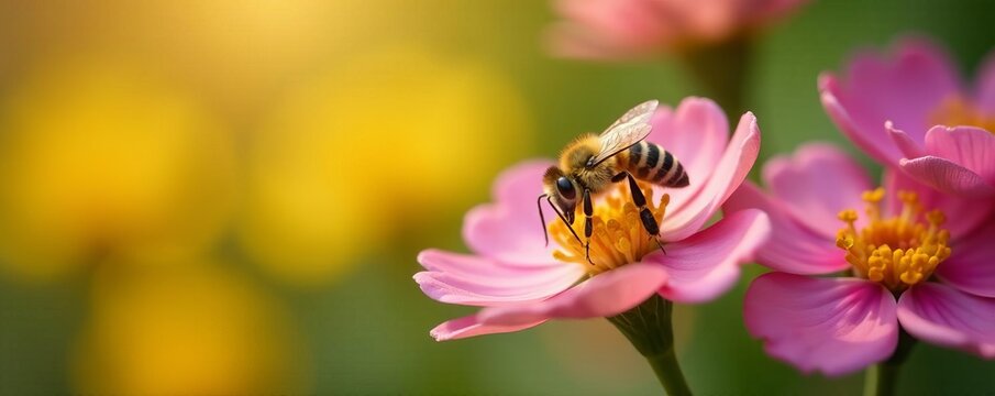 Close-up of a tiny bee collecting nectar from colorful flowers in a sunny park, park, macro
