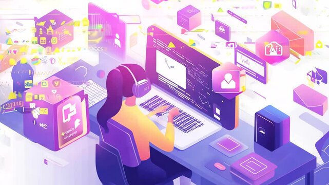 A modern, stylized illustration of a female programmer working on a computer with floating digital elements representing coding, cybersecurity, and data analysis. The futuristic and vibrant design 