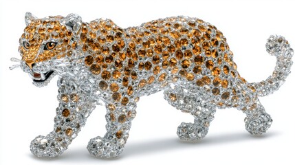 Crystal leopard brooch, gold and clear stones, detailed craftsmanship, animal jewelry, luxury accessory, white background.