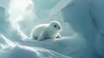 Captivating portrait of a fluffy white harp seal pup resting peacefully on glacial ice