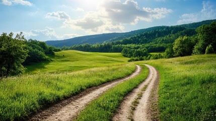 Fototapeta premium Sunny Country Road Winding Through Green Hills
