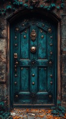 Weathered turquoise door adorned with brass fixtures, surrounded by ivy and autumn leaves