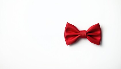 Close-up of elegant red silk bowtie on white. Classic formal wear suit accessory for groom, waiter, man. Satin necktie, tuxedo, party invitation, wedding event. Style fashion symbol.