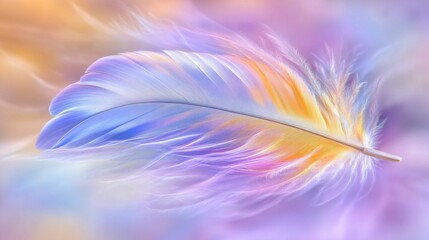 Naklejka premium Single bird feather with blue, purple, and yellow hues floats against a soft, pastel background. Dreamlike, ethereal feel.