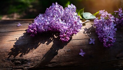 Obraz premium purple lilac flowers with light and shadows on a wooden log- 67728