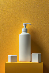 minimalist white matte bottle with pump sits yellow pedestal, accompanied by two white square blocks against textured yellow wall, creating modern
