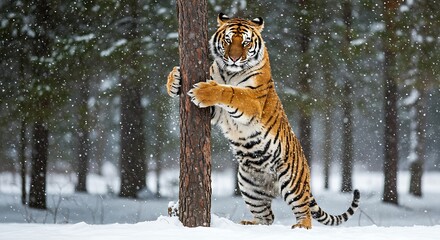 Obraz premium Majestic Siberian Tiger Clambers a Tree in a Snowy Forest. Generative Ai