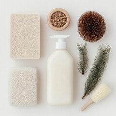 Natural cleaning supplies display minimalist home product photography indoor top-down view eco-friendly concepts