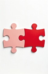Two connected puzzle pieces of red, pink color on white background. Connection concept, partnership metaphor, business solution, cooperation symbol. Teamwork challenges, relationship problem solving.