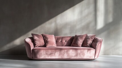 Modern blush pink velvet sofa.  Soft curves and comfortable seating, featuring plush cushions, positioned in a contemporary room with muted light