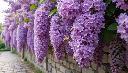 Obraz premium Vibrant Lilac Blossoms with Bees in a Picturesque Garden Pathway