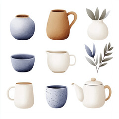 Artistic display of modern ceramic vessels and plants home decor setting still life minimalist style