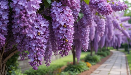 Obraz premium Beautiful Lilac Blooms Hanging from Branches in a Serene Garden