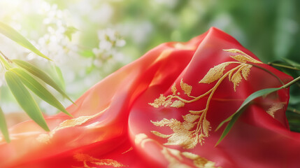 Vibrant red silk scarf with golden embroidery on green bamboo leaf, symbolizing youth and vitality in spring.