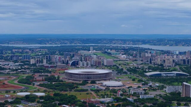 aerial view of the city of brasilia, jk bridge and paranoa lake in the background