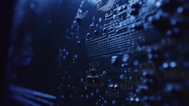 travelling macro shot of a circuit board with special lightning, very moody, atmospheric, making it very sci-fi, futuristic.