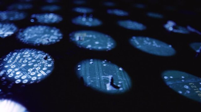 Macro shot of a circuit board with special circle lightning, moving lights, very moody, atmospheric, making it very sci-fi, futuristic.