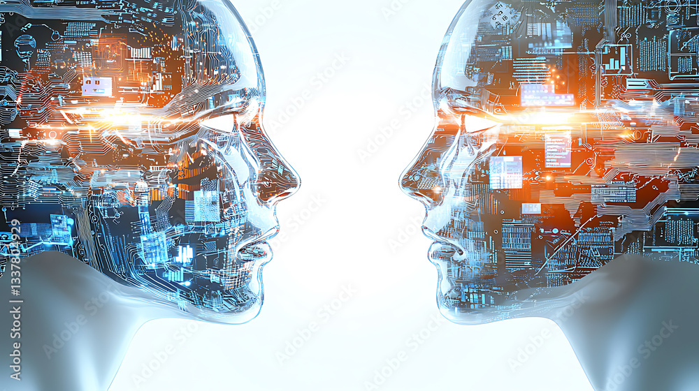 Poster futuristic interaction between two ai entities digital realm concept art high-tech environment close