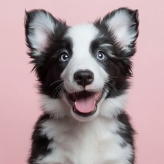 Fototapeta premium A happy black and white puppy with big blue eyes against a pink background. The puppy's mouth is open in a joyful expression. 