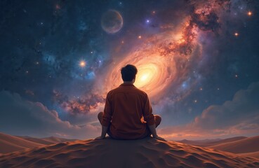 Obraz premium Man sits sand dune looking cosmos galaxy. Person meditates on desert against backdrop stardust cosmic sky, moon. Contemplation of universe in serene tranquil scenery.