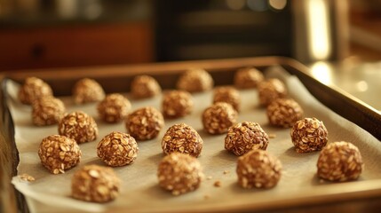 Homemade granola energy balls cooling on parchment paper tray for healthy snacks