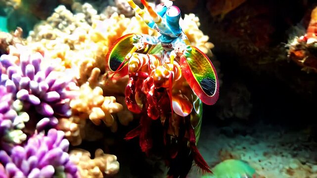 Vibrant Mantis Shrimp in Coral Reef Habitat A close-up underwater photograph showcasing a brilliantly colored mantis shrimp nestled amongst vibrant coral