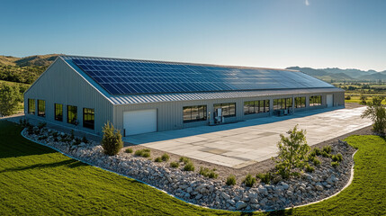 Fototapeta premium modern industrial building with solar panels roof, surrounded by landscaped greenery and mountains background, showcasing sustainability and