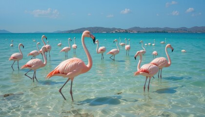 Obraz premium Pink Flamingos Wading in Shallow Turquoise Waters under Clear Sky