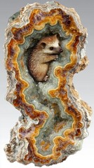 Naklejka premium Hedgehog sculpture nestled within a vibrant agate geode, showcasing intricate details and natural textures. The warm colors of the stone contrast beautifully with the hedgehog.