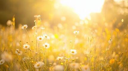Serene Wildflower Field Bathed in Soft Golden Hues at Sunset