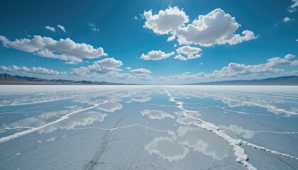 Tranquil Salt Flat Landscape Under a Blue Sky with Fluffy Clouds