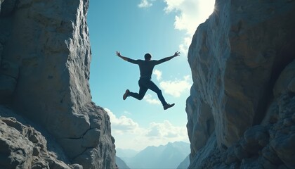 Man jumps between rocky mountain peaks with arms wide open. Hiker takes leap of faith over gap against cloudy blue sky. Adventure extreme outdoor activity, overcoming challenge, freedom achievement.