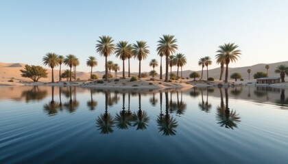 Tranquil Oasis Surrounded by Majestic Palm Trees in Desert Landscape