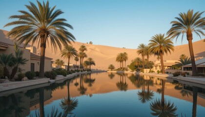 Serene Oasis with Palm Trees and Reflections in Water at Sunset