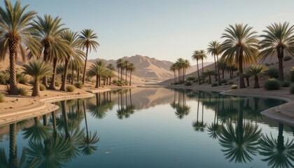 Tranquil Oasis Surrounded by Palm Trees in Desert Landscape