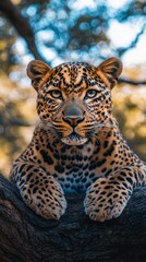 Obraz premium Close up of a leopard resting on a tree branch, water droplets visible on its fur. The background is blurred, showing bokeh effects of foliage.