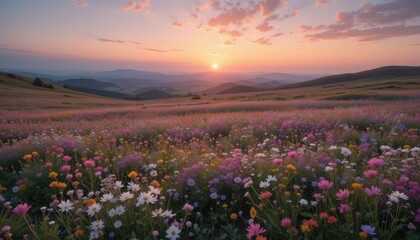 Obraz premium Colorful Wildflower Field with Dramatic Sunset Over Mountains