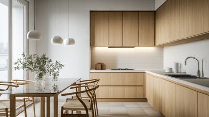 Modern, light-filled kitchen with dining area.  Wooden cabinets and light fixtures, sleek design.  Natural light, neutral color palette