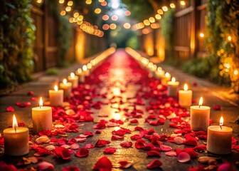 Romantic Candlelit Rose Petal Path: Valentine's Day Wedding Anniversary Stock Photo