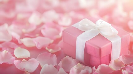 Pink Gift Box on Rose Petals: A Romantic Surprise