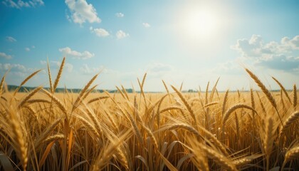 Golden Wheat Field under Bright Blue Sky with Fluffy White Clouds