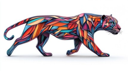 Fototapeta premium A vibrant, multicolored big cat, rendered in a pixelated, geometric style, walks against a stark white background. The artwork features a striking color palette and a unique artistic approach.