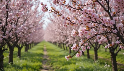 Beautiful Cherry Blossom Trees in Full Bloom on a Sunny Day